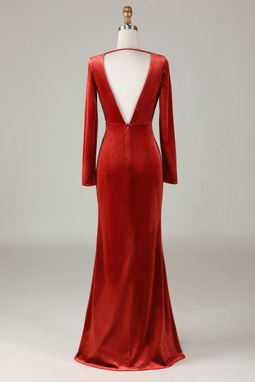 Terracotta Mermaid V Neck Velvet Bridesmaid Dress with Long Sleeves
